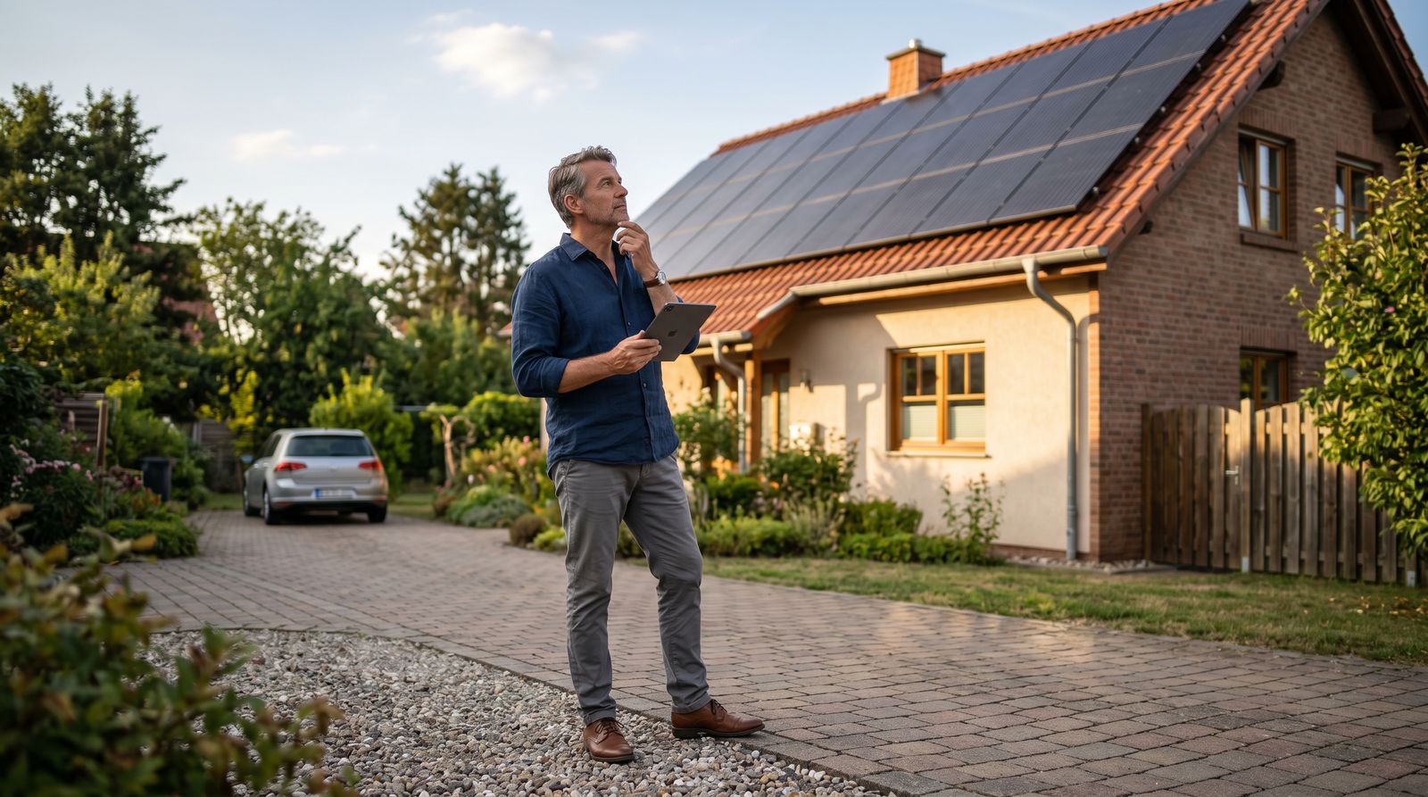 Hausbesitzer betrachtet nachdenklich sein Dach mit Solaranlage
