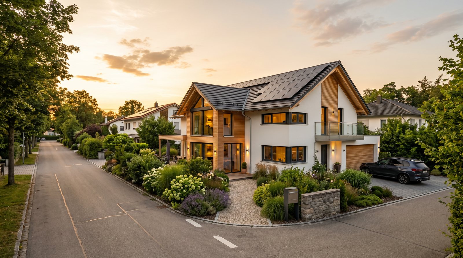 Modernes Haus mit schwarzer Photovoltaikanlage auf dem Dach im Abendlicht