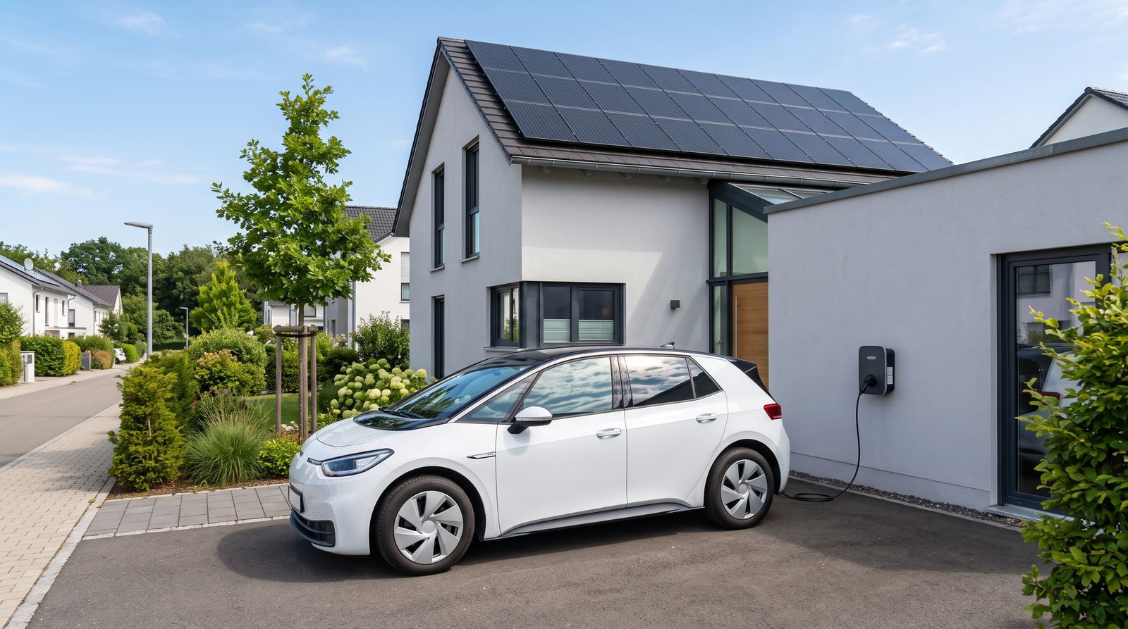 Elektroauto lädt an einer Wallbox an der Hauswand, Solaranlage auf dem Dach