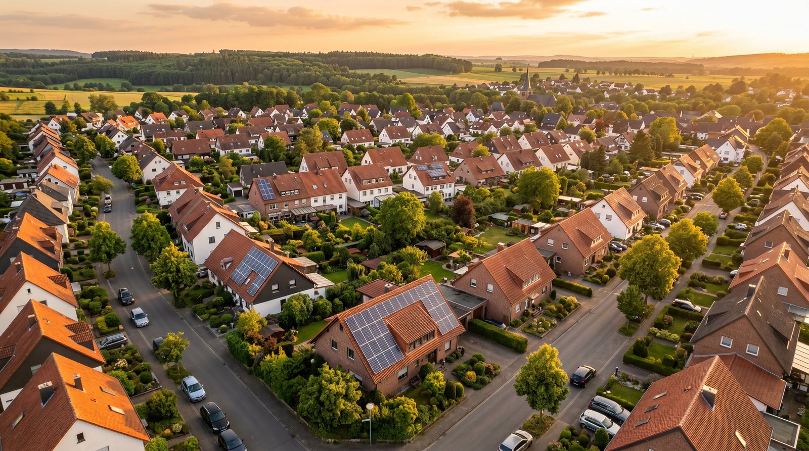 Wohnviertel im Rheinland mit Solaranlagen auf mehreren Ziegeldächern